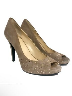 NINE WEST Tan Suede Studded Peep Toe Classic Heels